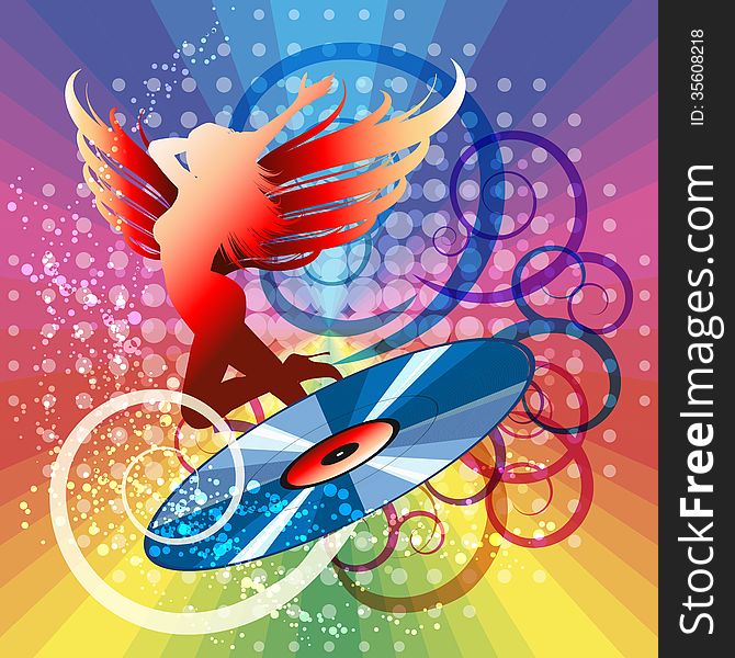 Illustration with vinyl disc and dancing winged girl against rainbow festive background. Illustration with vinyl disc and dancing winged girl against rainbow festive background