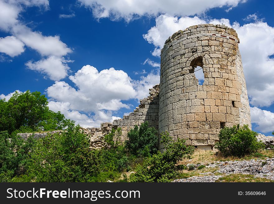Suyren Fortress, defensive wall with tower. Crimea, Ukraine.
