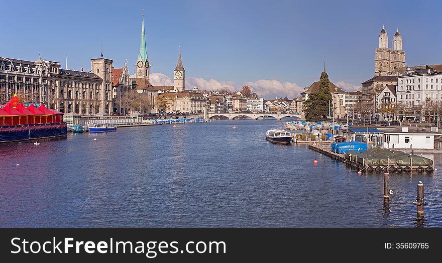 Zurich, Switzerland - view along the Limmat river. Zurich, Switzerland - view along the Limmat river.