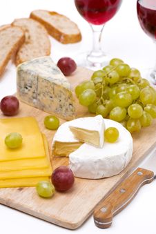 Cheese Platter, Grapes, Ciabatta And Two Glass Of Wine Royalty Free Stock Image Cheese Platter, Grapes, Ciabatta And Two Glass Of Wine Royalty Free Stock Image