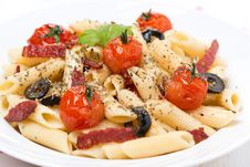 Pasta With Sausage, Tomatoes And Olives, Close-up Stock Photo Pasta With Sausage, Tomatoes And Olives, Close-up Stock Photo