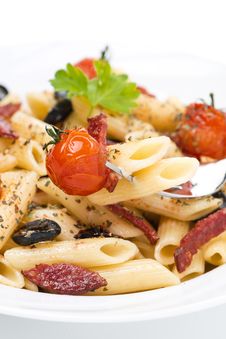 Penne Pasta With Sausage, Cherry Tomatoes And Olives, Close-up Royalty Free Stock Images Penne Pasta With Sausage, Cherry Tomatoes And Olives, Close-up Royalty Free Stock Images