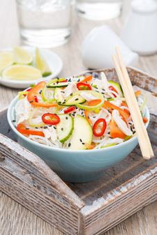 Thai Salad With Vegetables, Rice Noodles And Chicken In Bowl Stock Image
