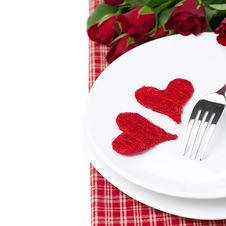 Two Wicker Heart On A Plate And Red Roses, Isolated Stock Images