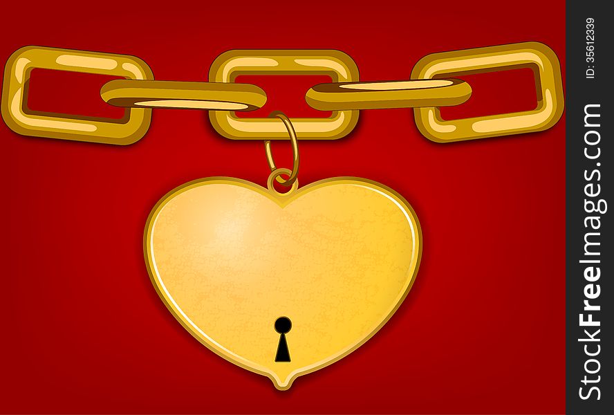 Beautiful gold heart with chain on a red background. Beautiful gold heart with chain on a red background