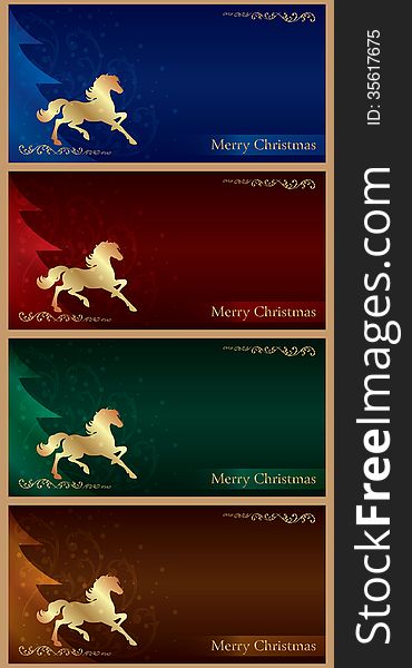 Background with horse silhouette and Christmas tree, vintage set, vector illustration