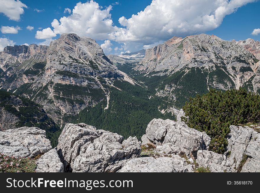 Dolomites Mountains, via ferrata - Ettore Bovero, on the peak of the mountain called Col Rosa. Dolomites Mountains, via ferrata - Ettore Bovero, on the peak of the mountain called Col Rosa.