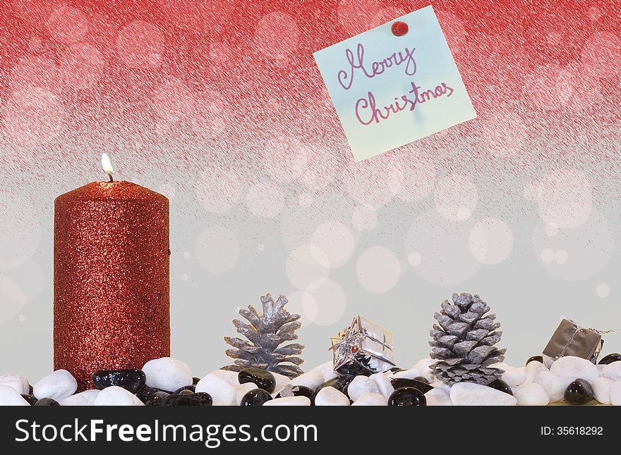 Christmas light with red candle, pine-cones and gifts. Christmas light with red candle, pine-cones and gifts