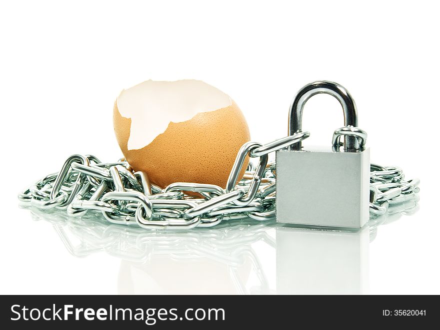 The shell of an egg,covered with a chain padlock.