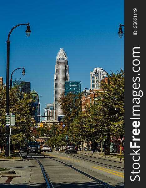 Charlotte city skyline autumn season with blue sky