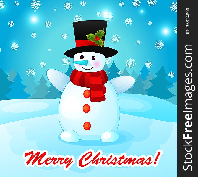 Funny Cartoon Snowman on Christmas Background.