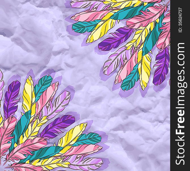 Background with colored feathers on craft paper, eps10. Background with colored feathers on craft paper, eps10