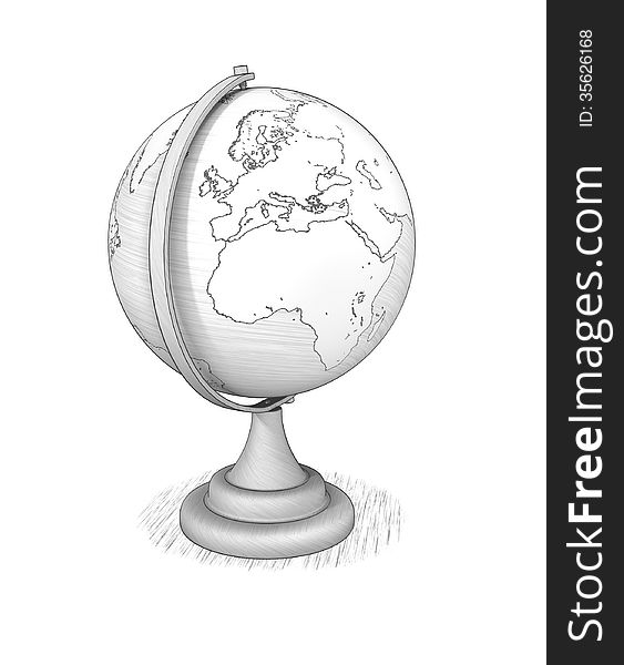 An imitation of a pencil drawing a desktop globe