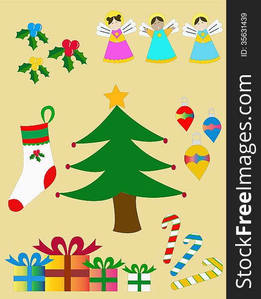 Set Christmas figures, consisting Christmas flower in red, blue and yellow, three angels, half hanging, a pine tree with star, Christmas three balls, four boxes of gifts in various sizes and three candy canes.