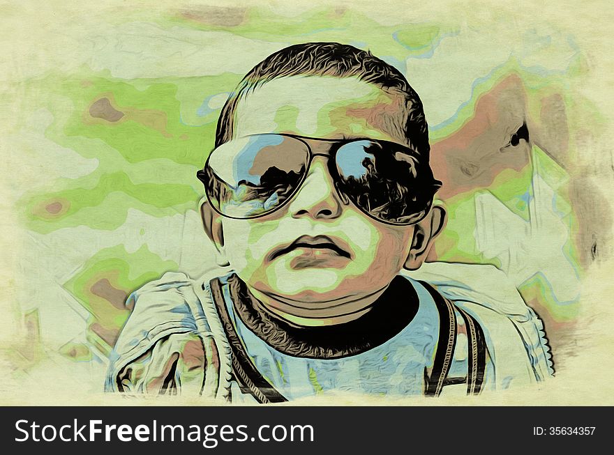Water color portrait of funny baby child