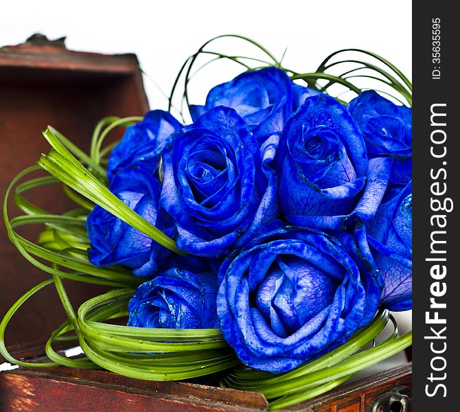 Bridal bouquet with blue roses in a box. Bridal bouquet with blue roses in a box