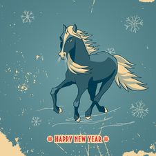 Happy New Year Vintage Card With Blue Horse Stock Photo