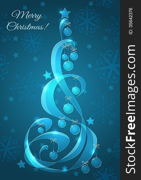 Stylized glass Christmas tree with Christmas balls. Decorative blue background.