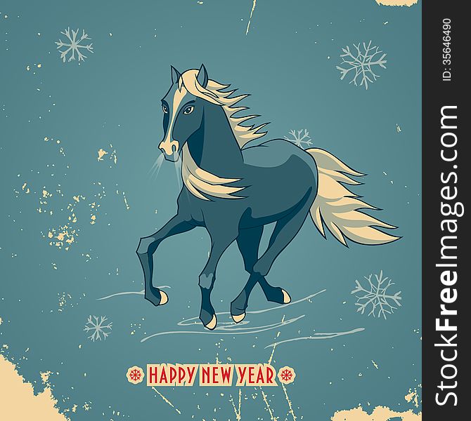 Happy New Year Vintage Card With Blue Horse