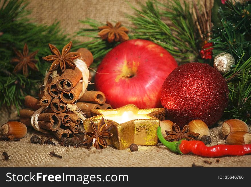 Christmas anice star and red apple. Christmas anice star and red apple