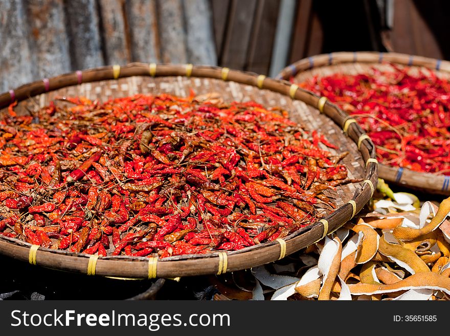 A dish with small dried red chilies on the street