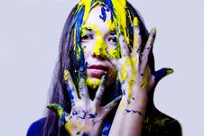 Beauty/fashion Close Up Portrait Of Woman Painted Blue And Yellow On White Background Stock Photos