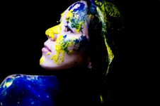 Beauty/fashion Close Up Portrait Of Woman Painted Blue And Yellow On Black Background Stock Photography
