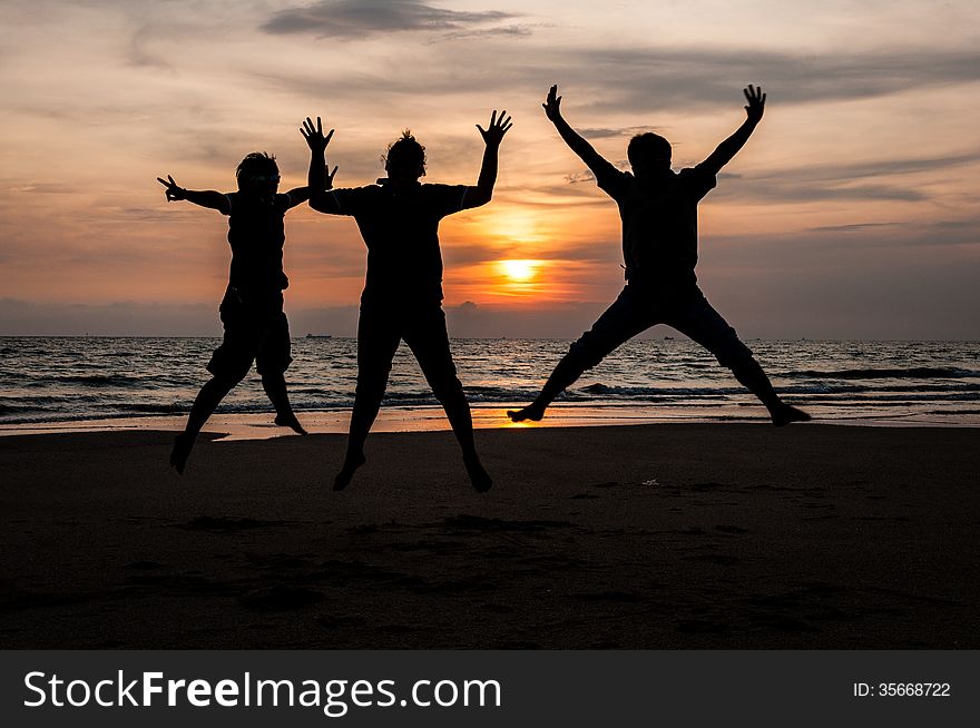 Friend group jump at beach, Rayong, Thailand