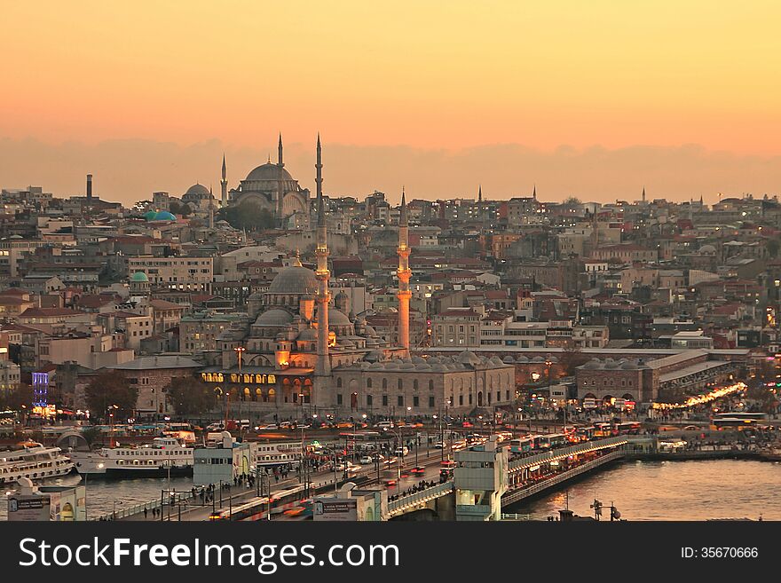 Istanbul Old city and galata bridge at sunset, rush hour