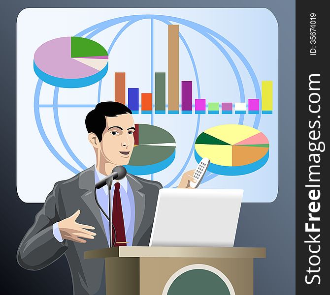 Illustration with discussing young man who presents new economic project against visual screen with charts and schedules. Illustration with discussing young man who presents new economic project against visual screen with charts and schedules