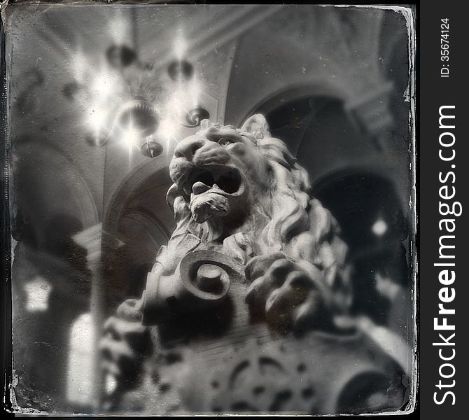 Czech Castle and Lion Statue on retro photo