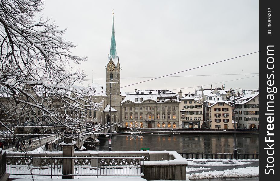 The zurich river Limmat river during a winter day. The zurich river Limmat river during a winter day