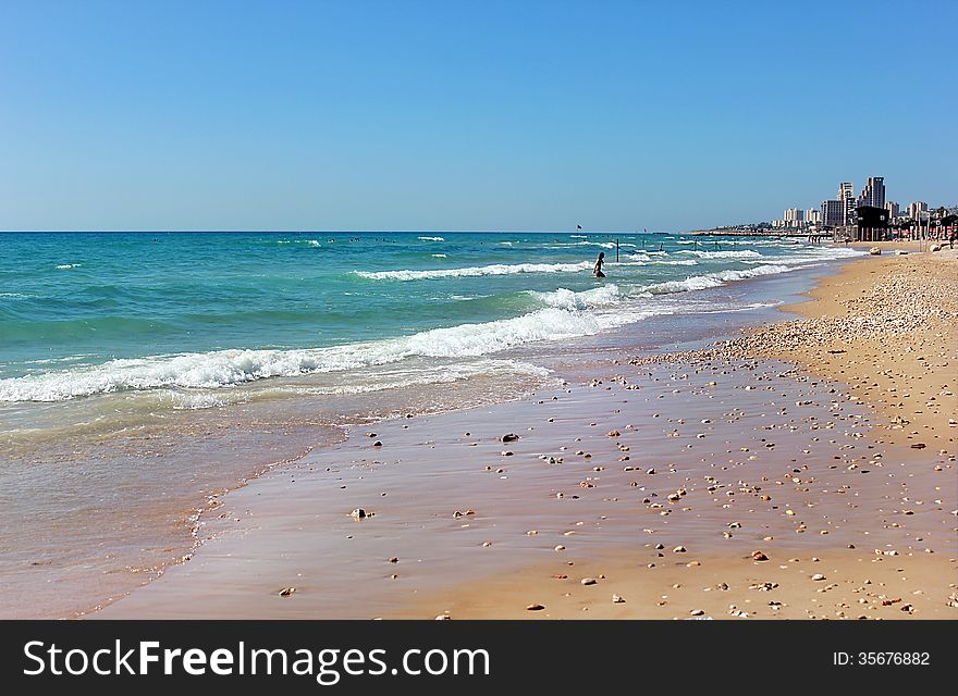 Sandy beach on the Mediterranean Sea near Haifa, Israel