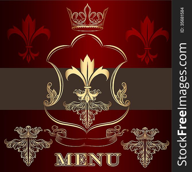 Menu design with crown and fleur de lis  in vintage style