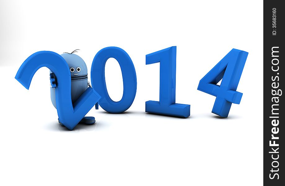 3d new year 2014 and blue robot. 3d new year 2014 and blue robot