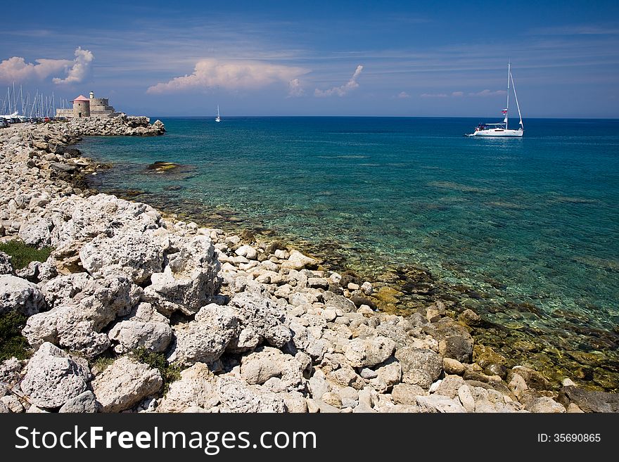 View of the greek sea and the ships sailing around