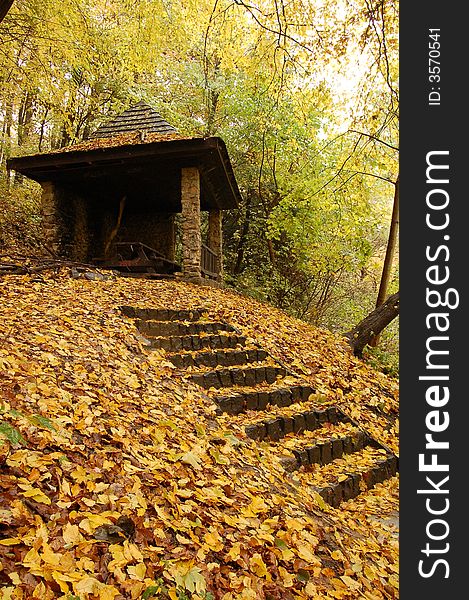 Shelter in forest with stairway. Shelter in forest with stairway