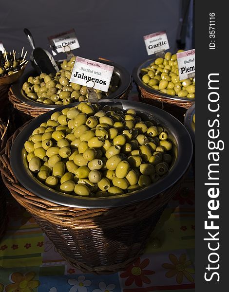 Fresh Greek  jalapeño olives on the market