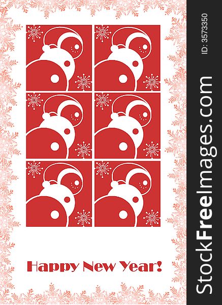 New year card with red illustrated snowmen and snowflakes. New year card with red illustrated snowmen and snowflakes