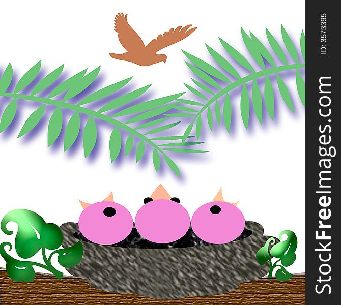 Baby birds with open mouths in a nest illustration