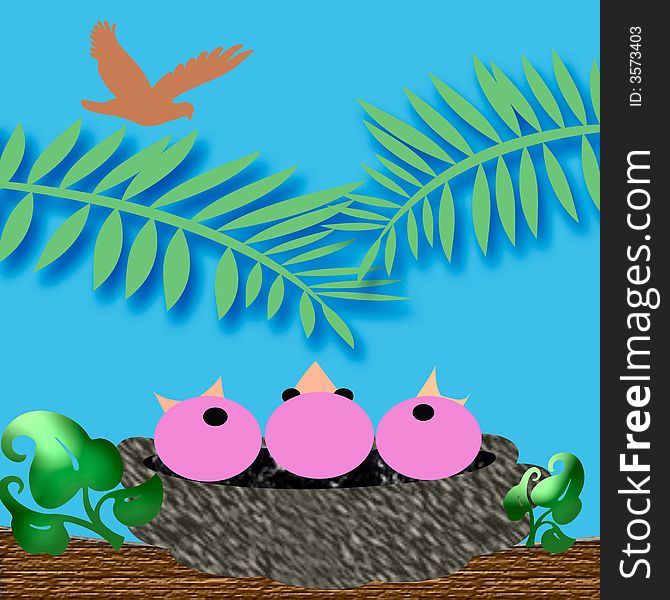 Baby birds with open mouths in a nest illustration
