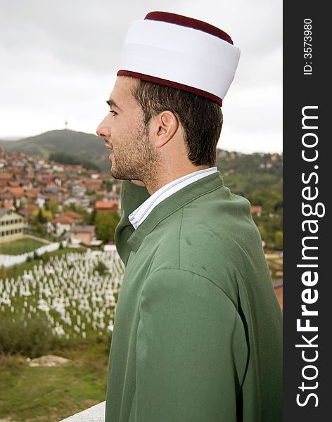 Muslim prayer on top of mosque calling for pray. Muslim prayer on top of mosque calling for pray