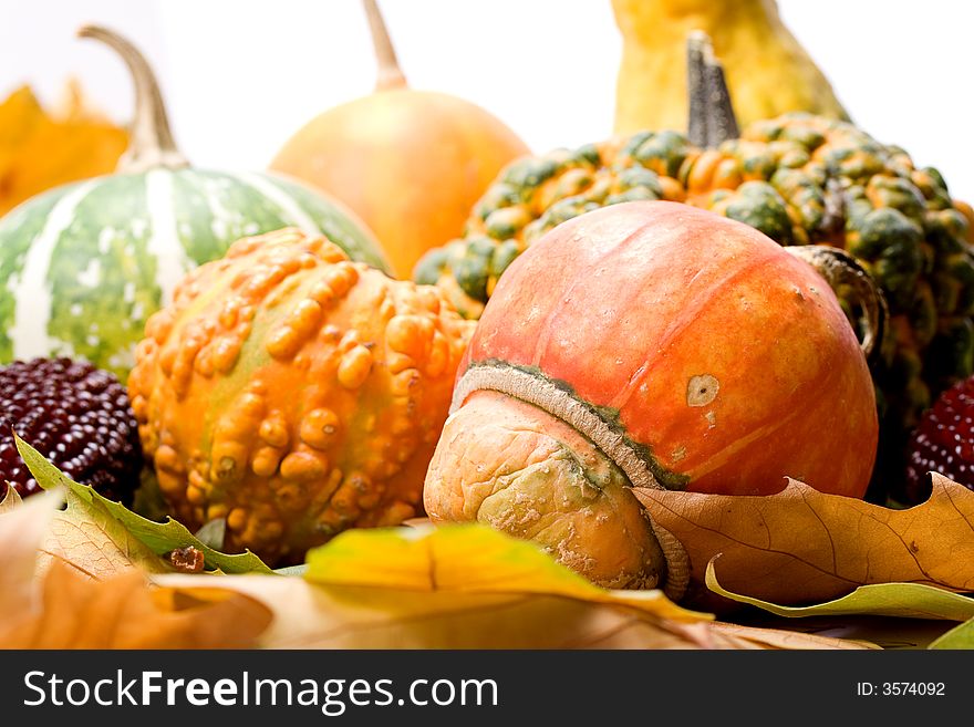 Fruits leaves and vegetables isolated on white