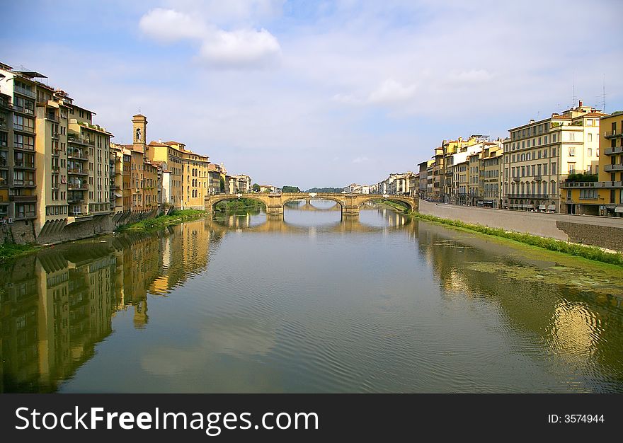 The Arno river and bridges. The Arno river and bridges
