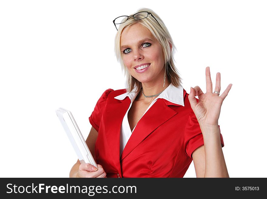 Businesswoman doing the fine sign holding a laptop