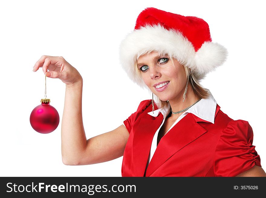Santa girl holding ornament isolated on a white background