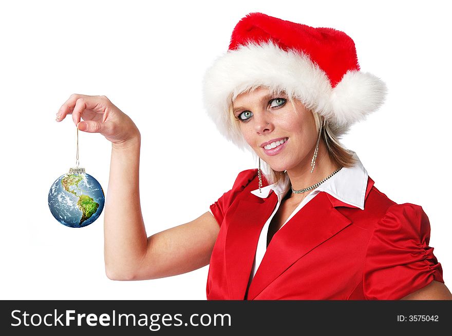 Santa girl holding earth ornament isolated on a white background