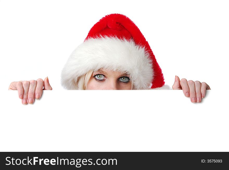 Santa Girl holding blank sign isolated on white
