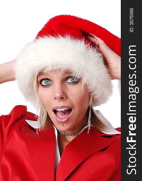 Beautiful Santa girl with hat showing excitement