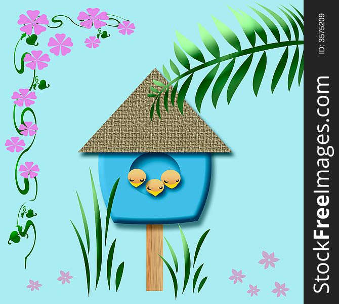 Baby birds sleep in blue birdhouse illustration. Baby birds sleep in blue birdhouse illustration